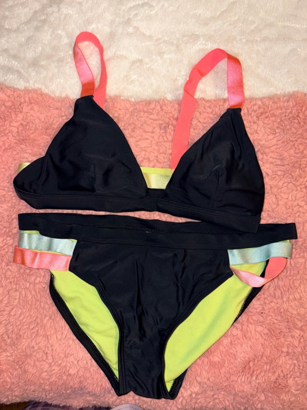 Xhilaration W/ Reversible Top Black Bikini with Neon Lime Lining and Coral Trim
